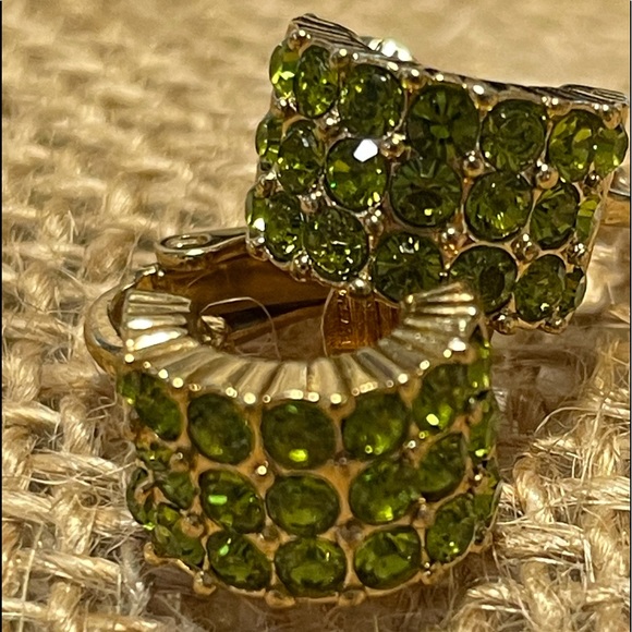 VTG Signed GIVENCHY Clip Earrings Green Half Hoop - Picture 2 of 9